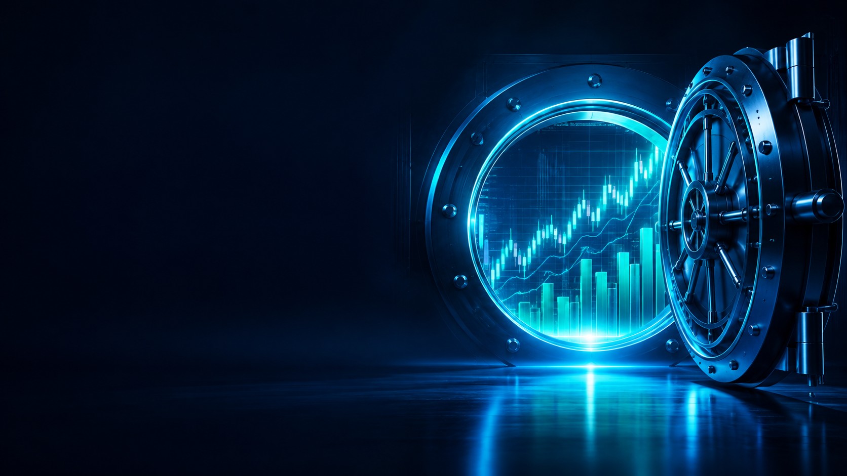 Bank vault door opening to reveal glowing stock charts