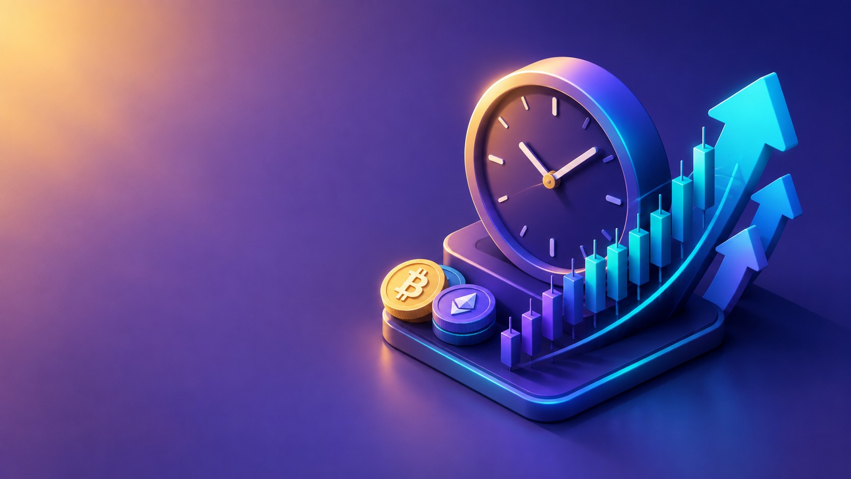 Clock merged with a crypto chart and forward arrows
