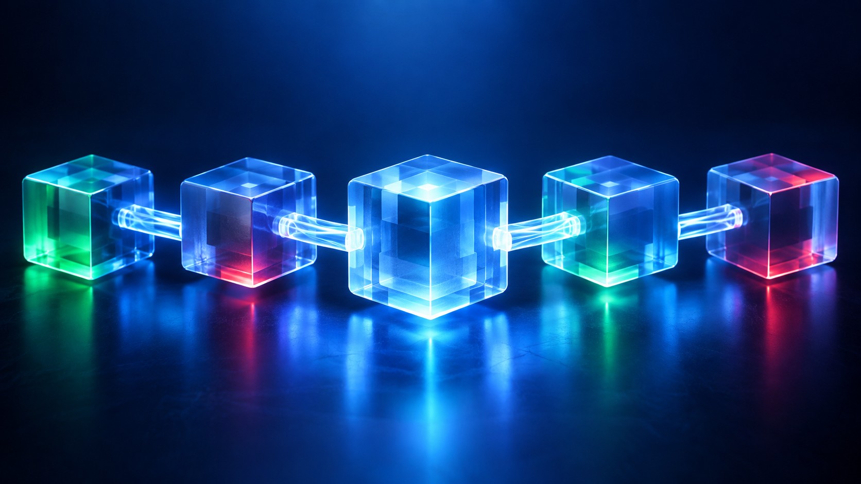 Chain of glowing transparent cubes connected by light links