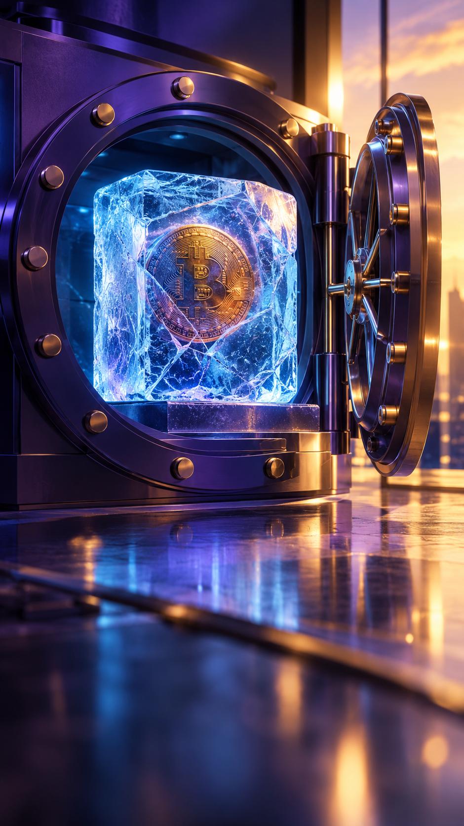 Frozen ice block encasing a crypto coin in a secure vault